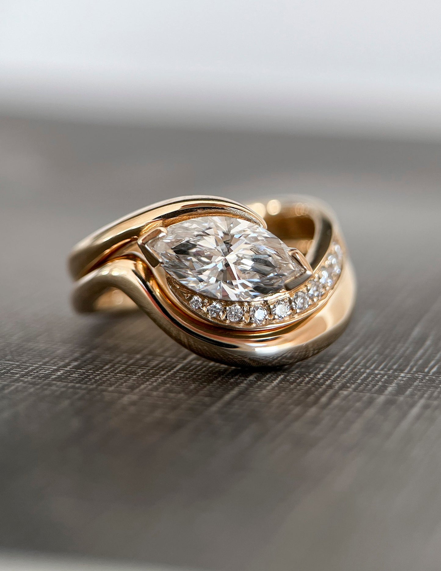 1 CT East-West Marquise Cut Curved Lab Grown Diamond Ring With Plain Stacking Band