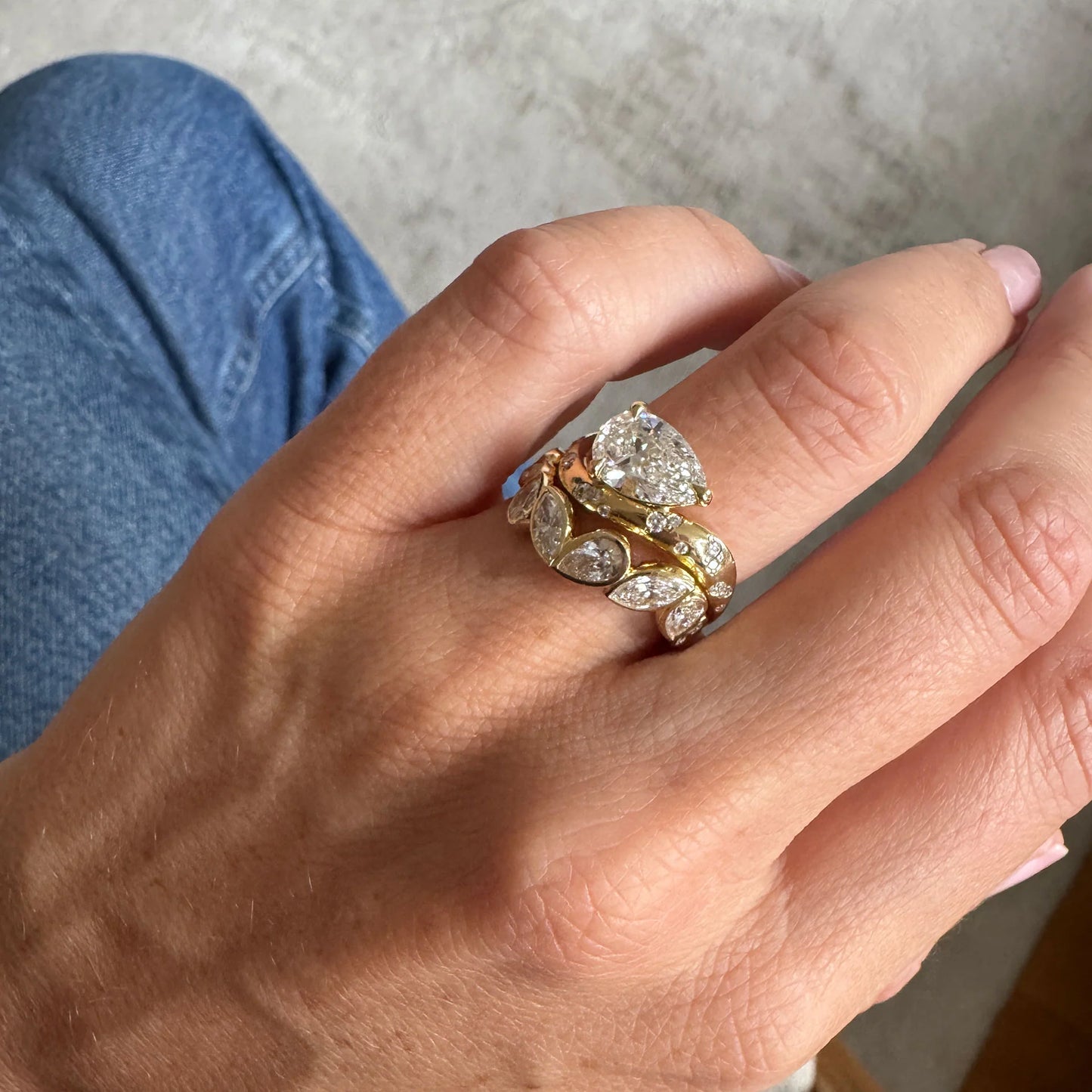 Timeless 0.6 TCW Pear Stones Bezel Swirl Lab Grown Diamond Wedding Band