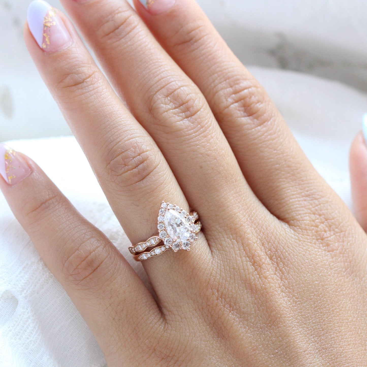 1.5 CT Pear Cut Curved Pave Lab Grown Diamond Bridal Ring Set