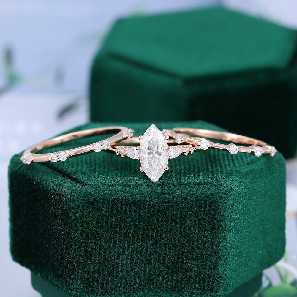 0.90 CT Marquise Moissanite Three Stone Bridal Ring Set 5