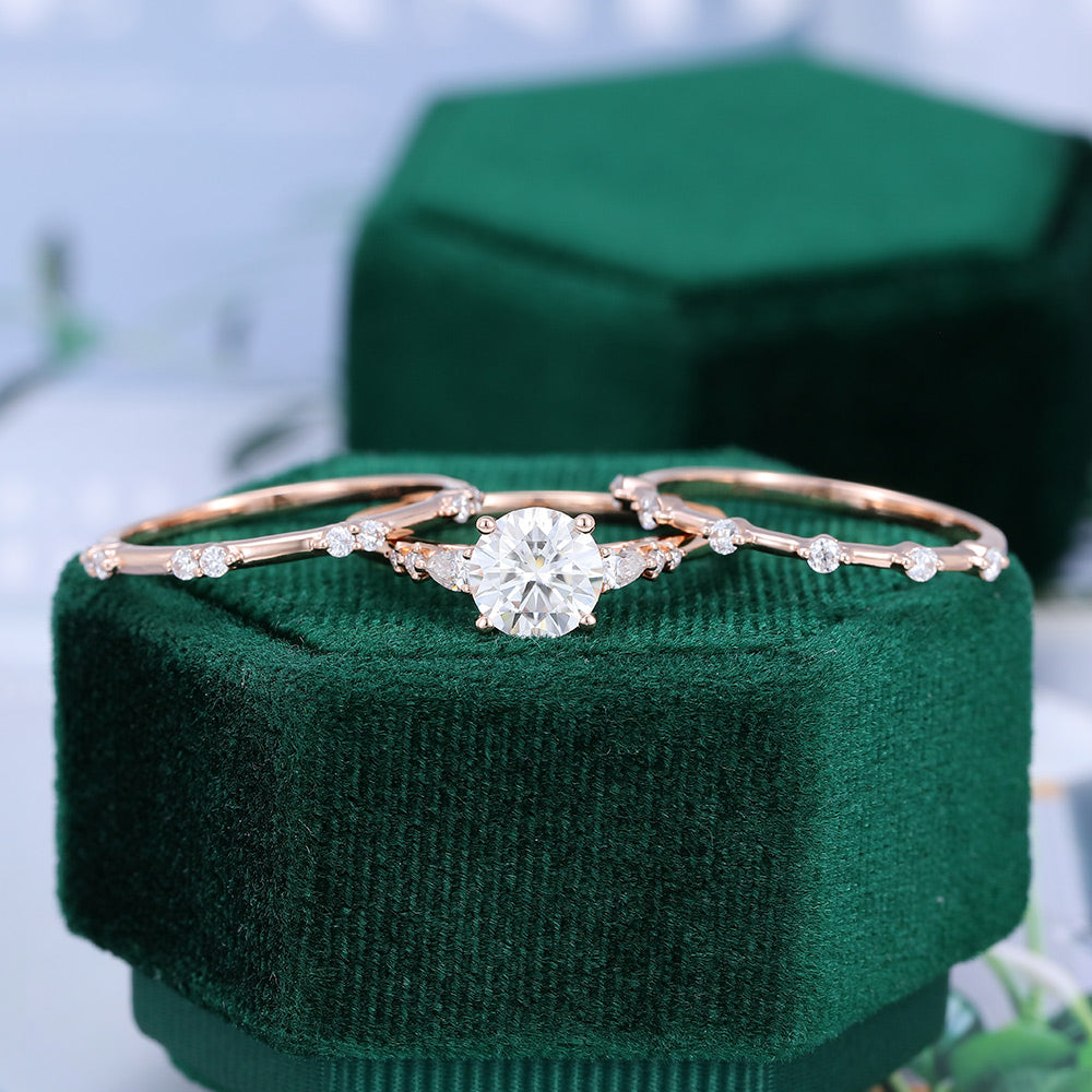 0.88 CT Round Moissanite Three Stone Bridal Ring Set 5