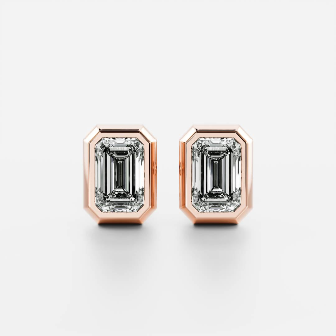 0.50 TCW Emerald Cut Moissanite Bezel Stud Earrings in Gold