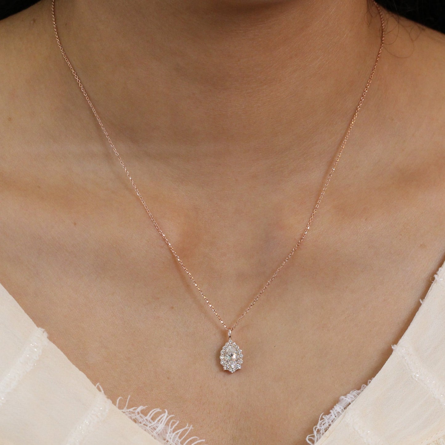 1.17 CT Pear Halo Lab Grown Diamond Necklace in Solid Gold