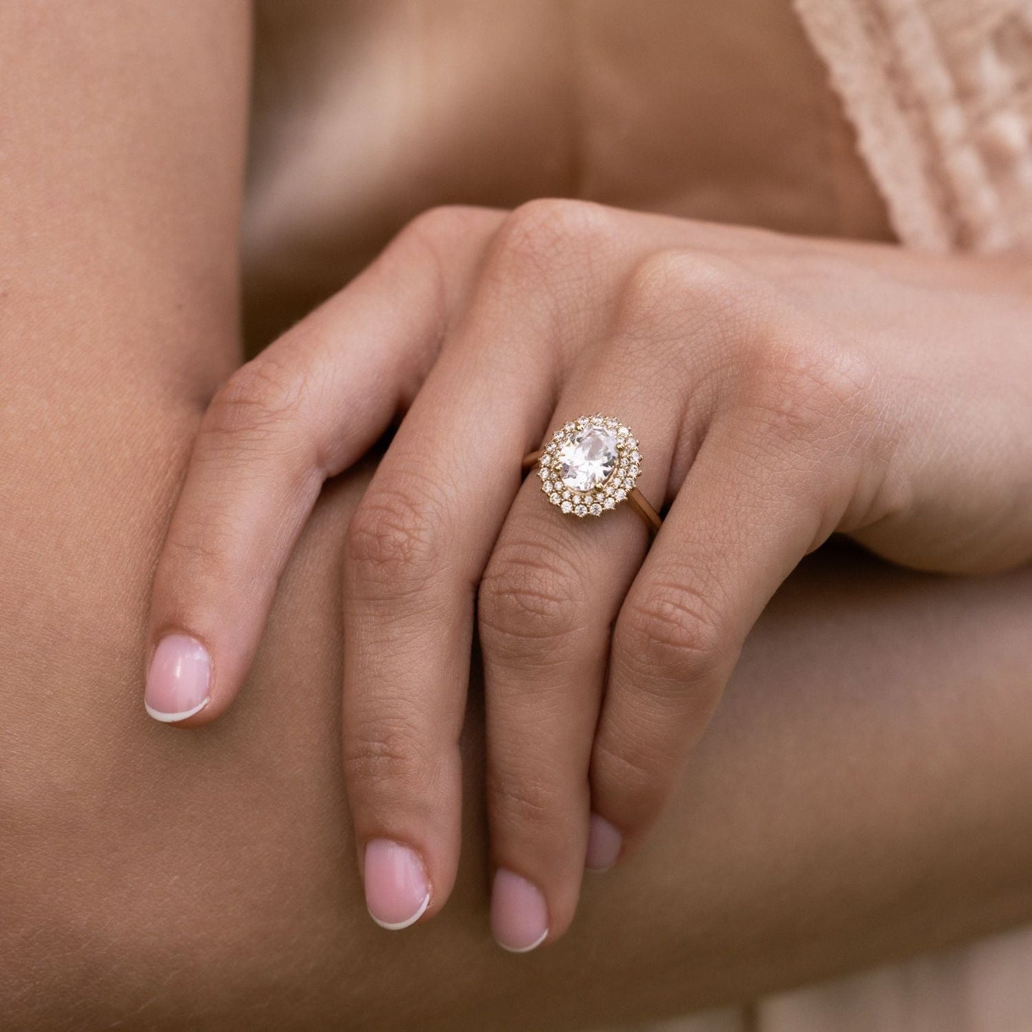 0.7 CT Oval Shaped Double Halo Lab Grown Diamond Engagement Ring