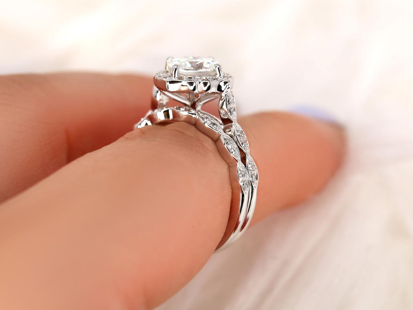 1.7 CT Cushion Cut Floral Halo & Pave Lab Grown Diamond Bridal Ring Set