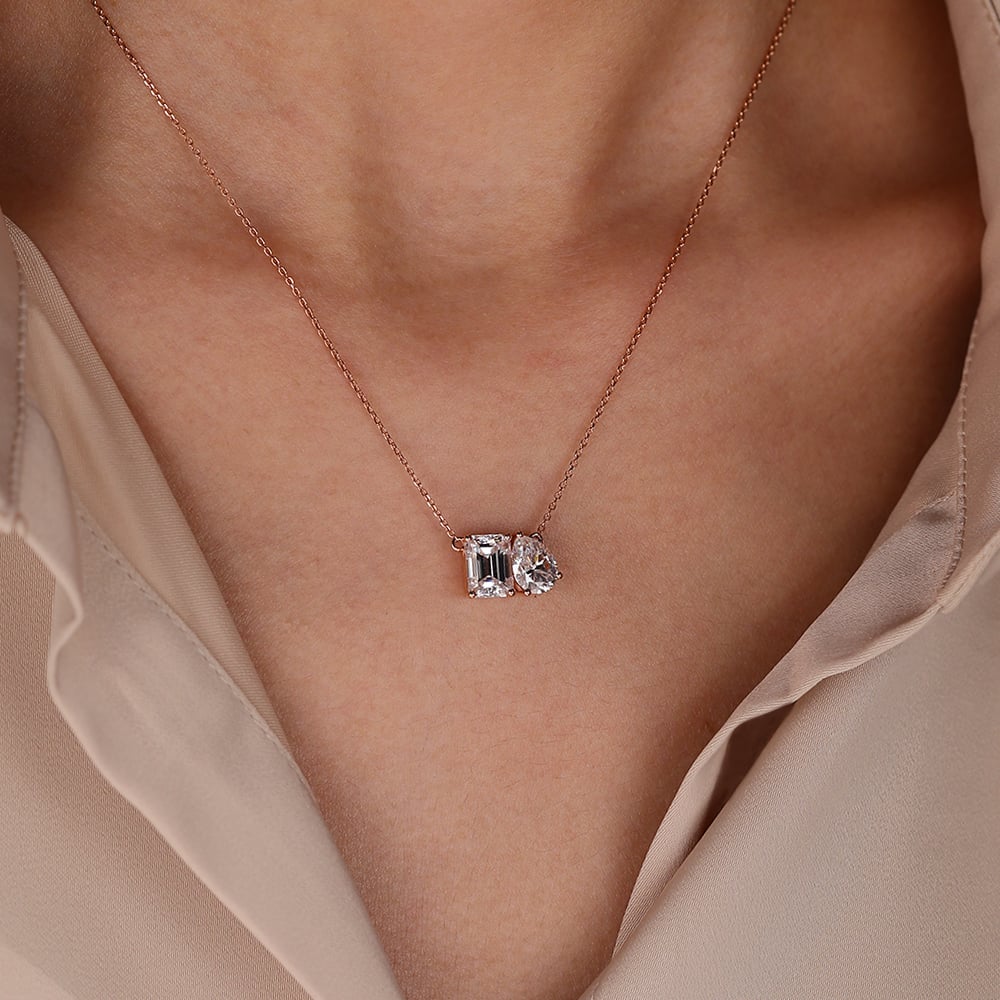 3.0 TCW Emerald & Pear Moissanite Diamond Two Stone Pendant Necklace in Solid Gold 5