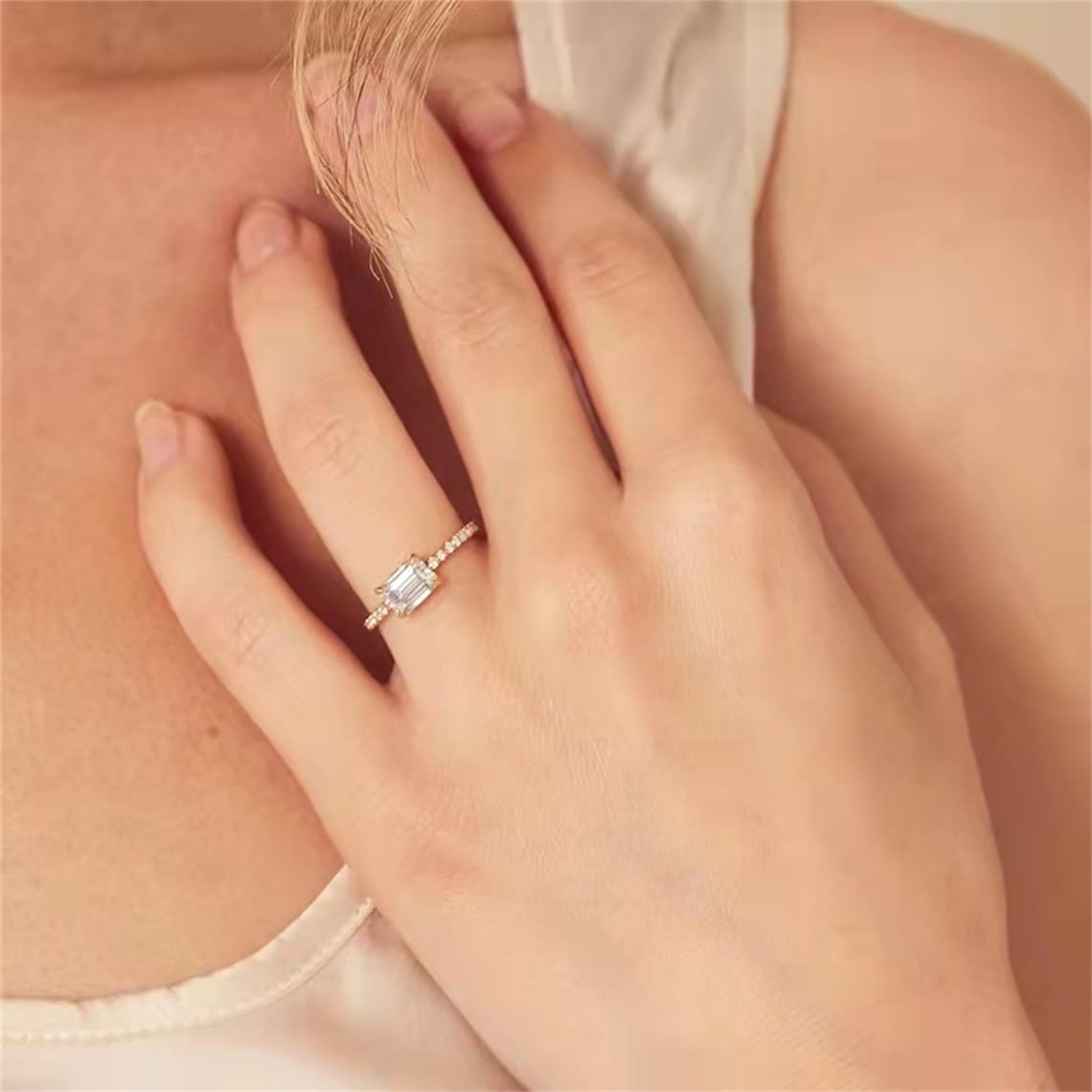 1.0 CT Emerald Shaped Moissanite Pave Engagement Ring 4