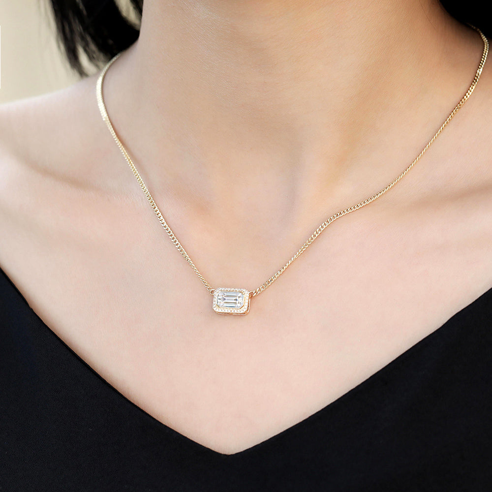 2.20 CT East West Emerald Moissanite Diamond Halo Pendant Necklace in Solid Gold 5