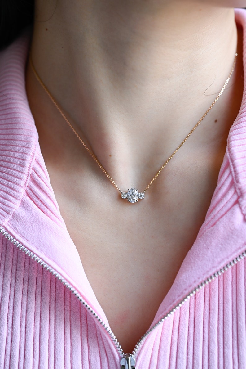 1.0 TCW Oval Moissanite Diamond Three Stone Pendant Necklace in Solid Gold 1
