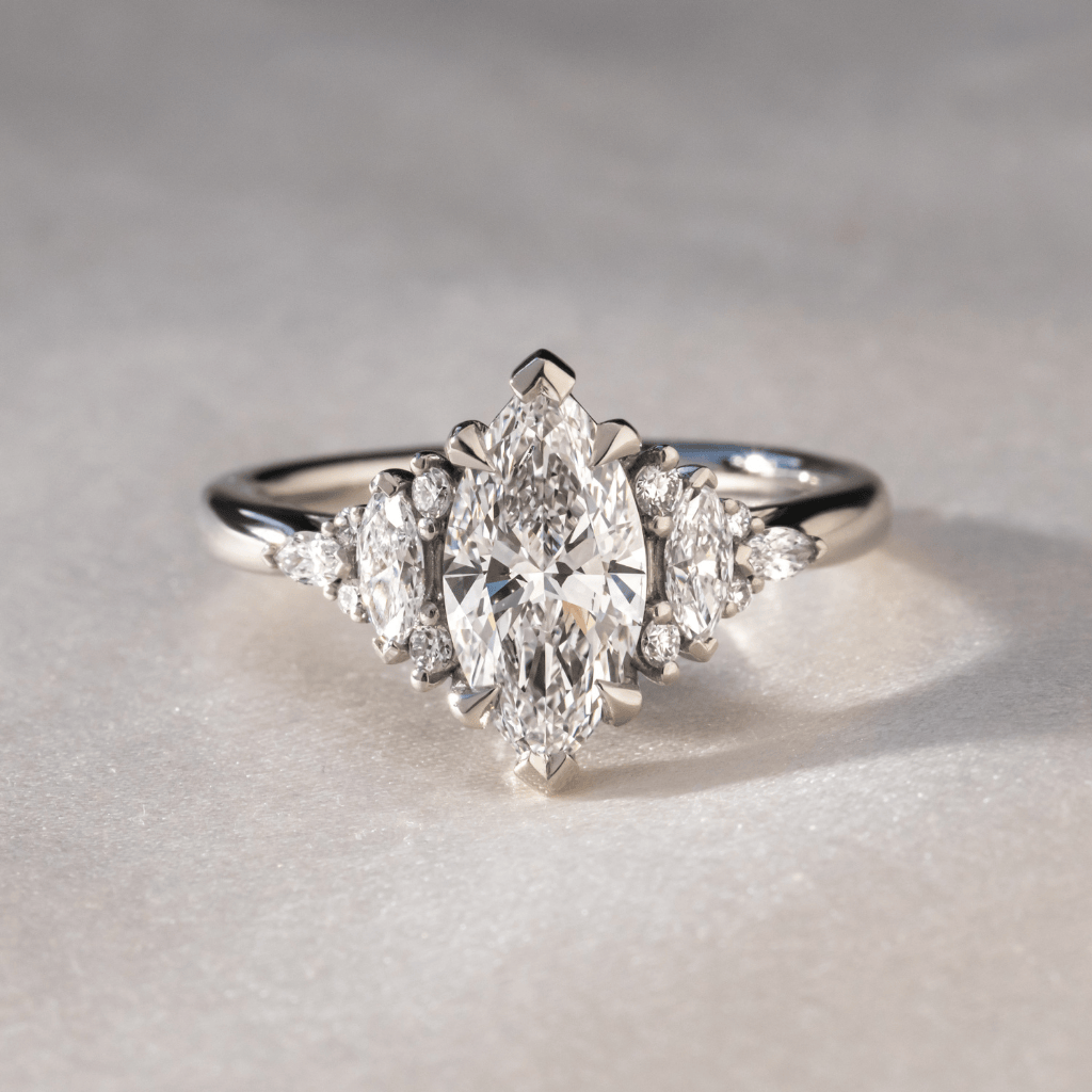 Marquise Shaped Three Stone Lab Grown Diamond Engagement Ring