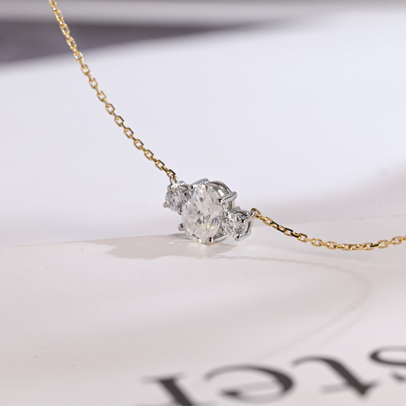 1.0 TCW Oval Moissanite Diamond Three Stone Pendant Necklace in Solid Gold 9