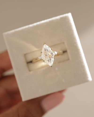 Marquise Shaped Three Stone Lab Grown Diamond Engagement Ring In 2 Carats