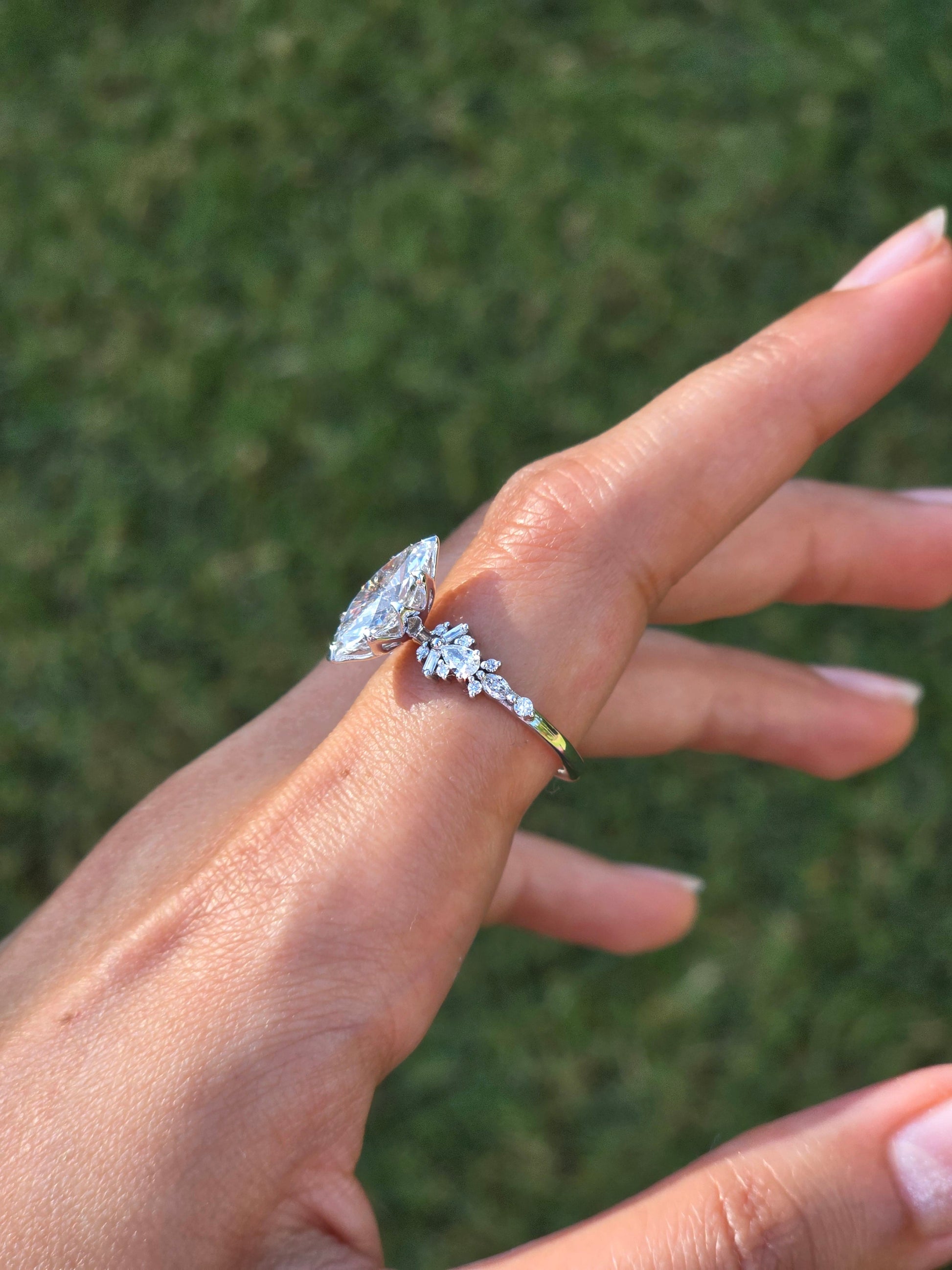 Marquise Shaped Three Stone Lab Grown Diamond Engagement Ring