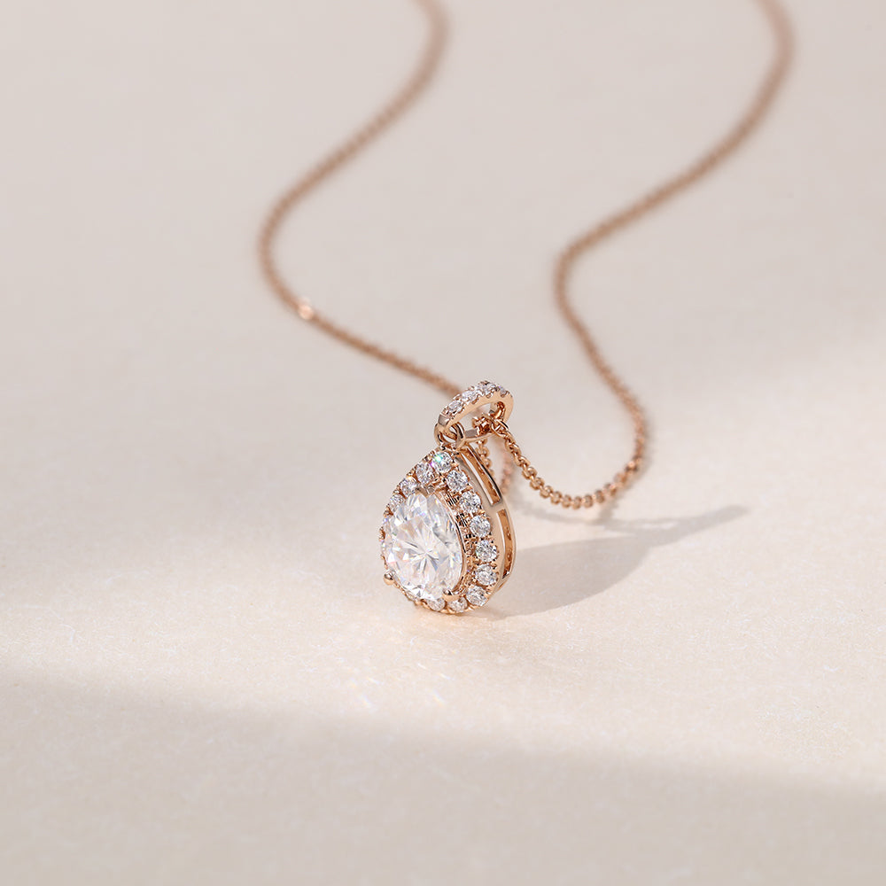 2.20 TCW Pear Moissanite Diamond Halo Pendant Necklace in Solid Gold 2