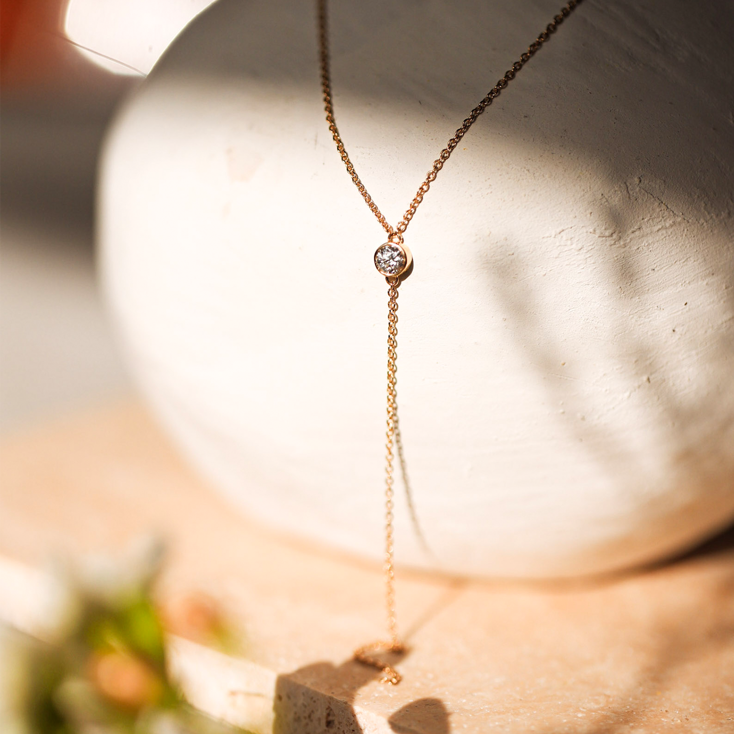 0.04 CT Round Moissanite Diamond Bezel Lariat Necklace in Solid Gold 2