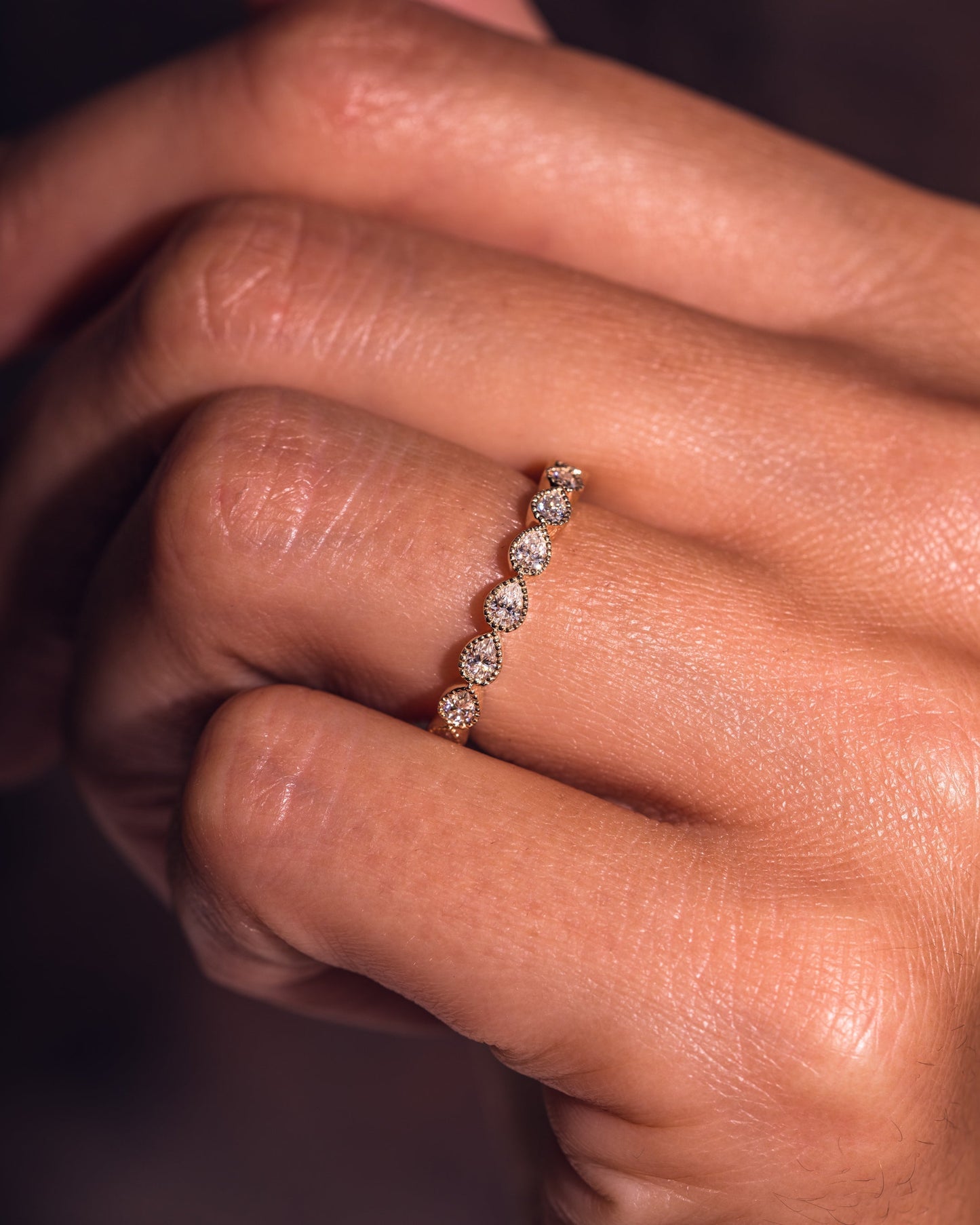 0.8 CT Pear Stones Milgrain Lab Grown Diamond Wedding Band