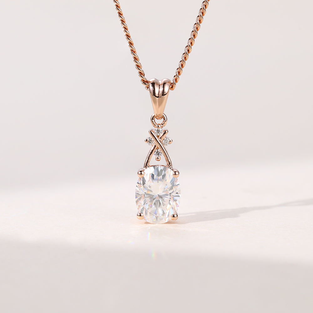 1.10 CT Oval Moissanite Diamond Criss Cross Pendant Necklace in Solid Gold 1