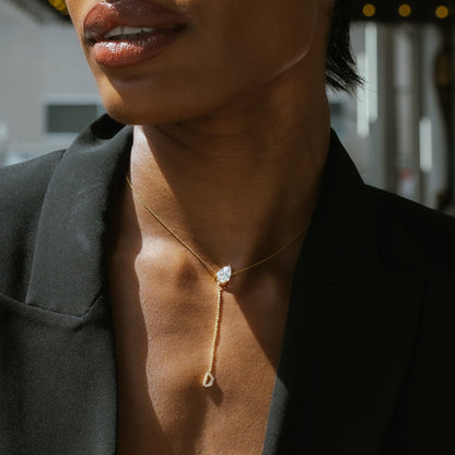 2.0 CT Pear Moissanite Diamond Lariat Pendant Necklace in Solid Gold 2