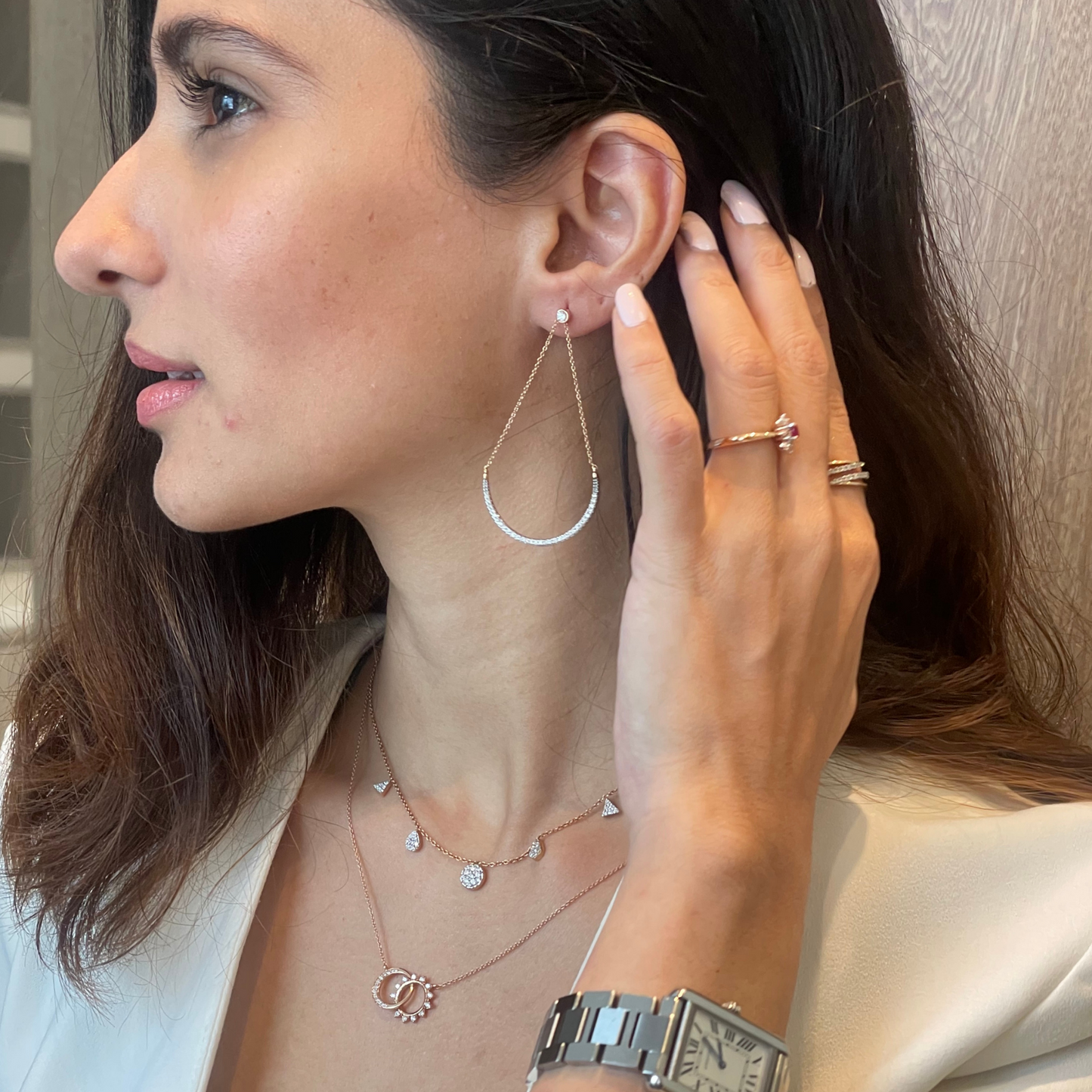 0.47 TCW Round Cut Moissanite Semi-Circle Chandelier Earrings in Gold 6