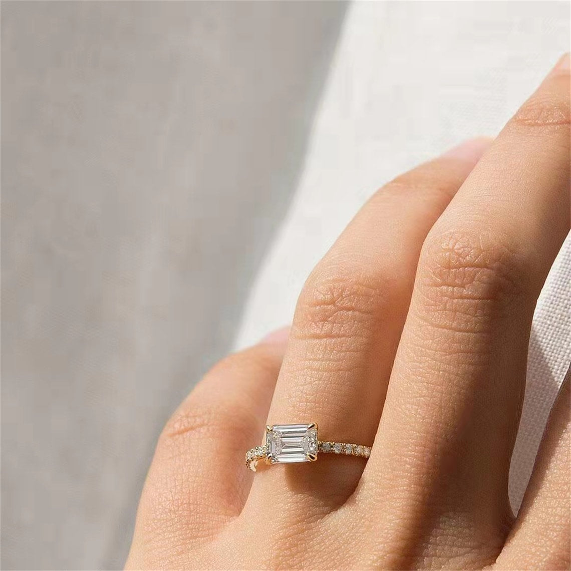 1.0 CT Emerald Shaped Moissanite Pave Engagement Ring 7
