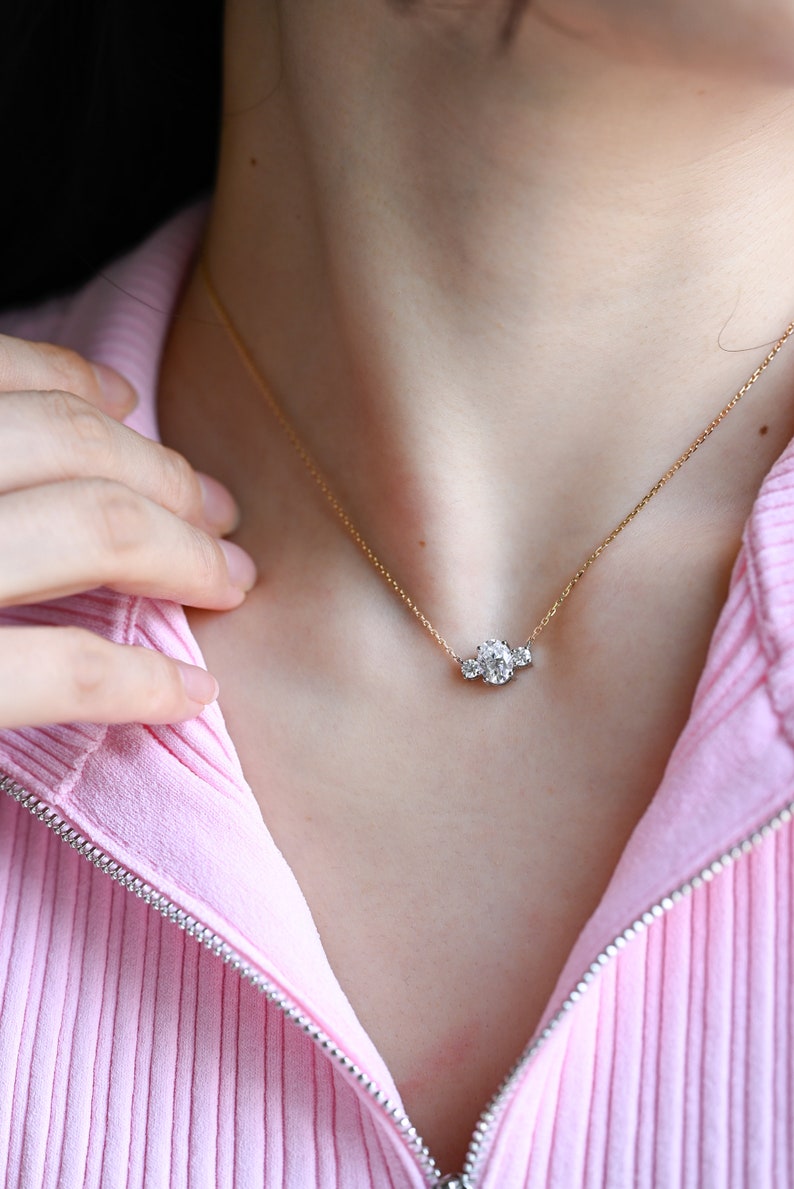 1.0 TCW Oval Moissanite Diamond Three Stone Pendant Necklace in Solid Gold 6