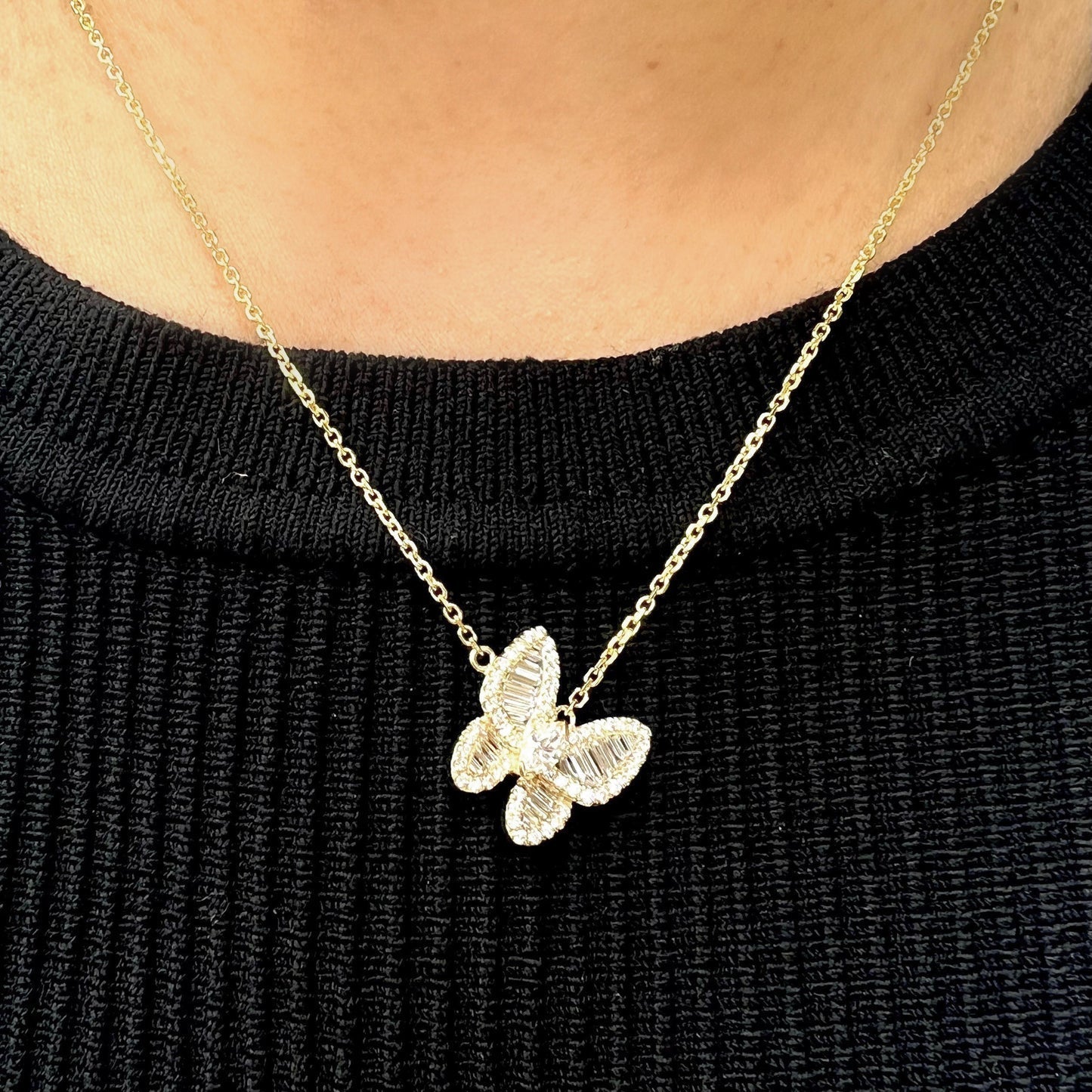 0.80 CT Round & Baguette Moissanite Diamond Butterfly Pendant Necklace in Solid Gold 2