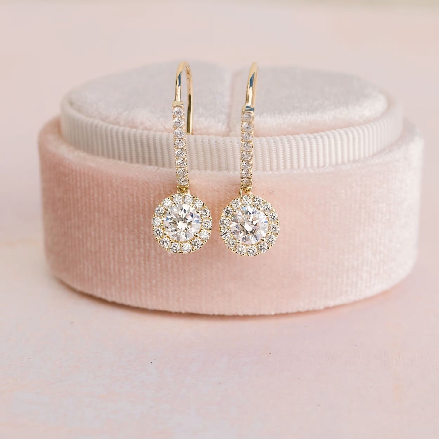 1.0 TCW Round Shape Moissanite Halo Drop Earrings in Gold 2