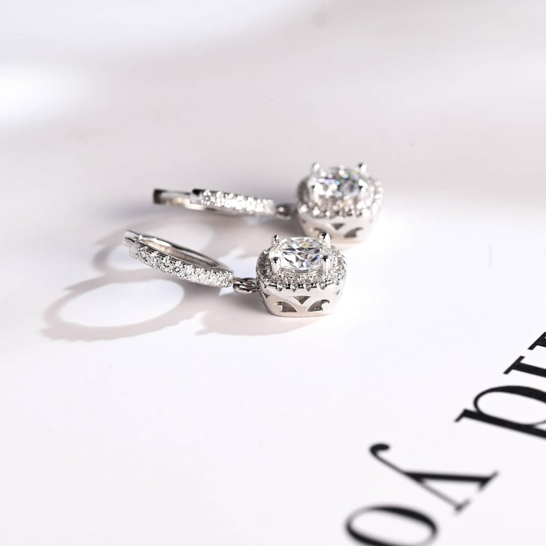 1.0 TCW Round Cut Moissanite Halo Drop Earrings in Gold 5