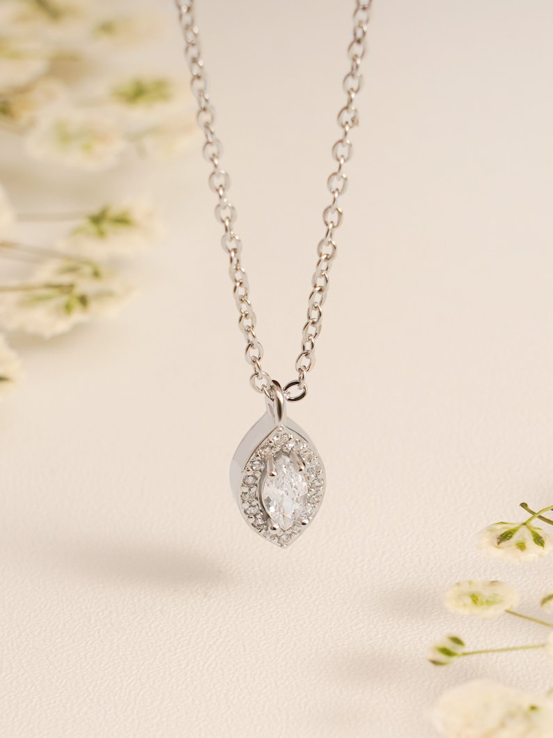 0.30 CT Marquise Moissanite Diamond Halo Pendant Necklace in Solid Gold 1