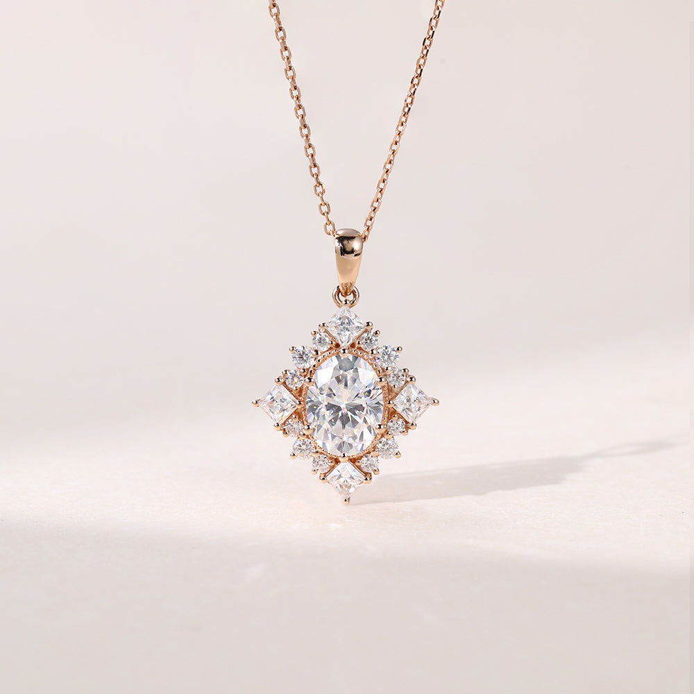 1.50 CT Oval Moissanite Diamond Cluster Pendant Necklace in Solid Gold 1