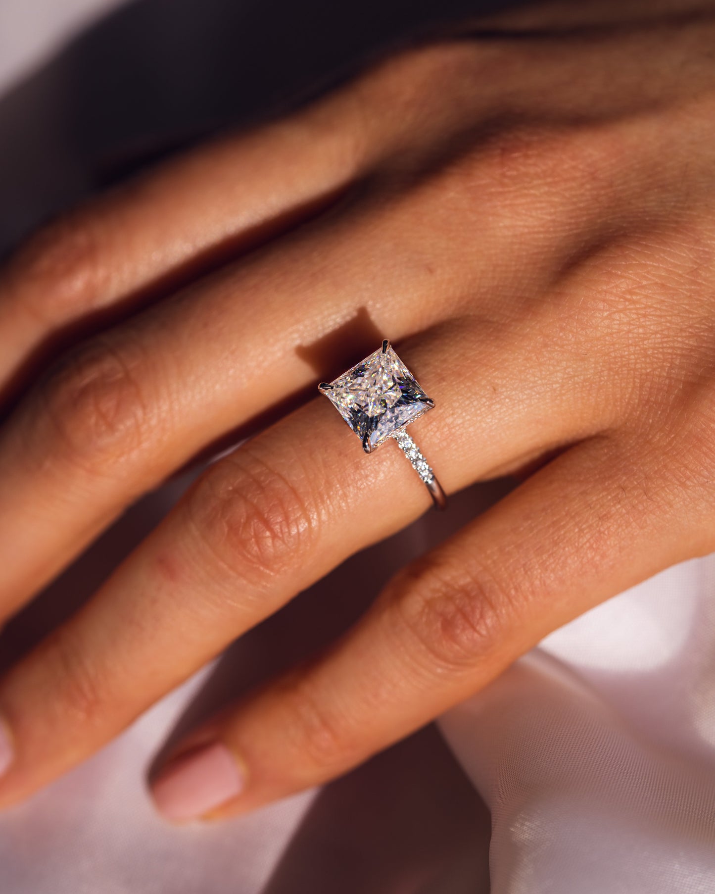 2.87 CT Princess Cut Lab Grown Diamond Engagement Ring With Hidden Halo Setting