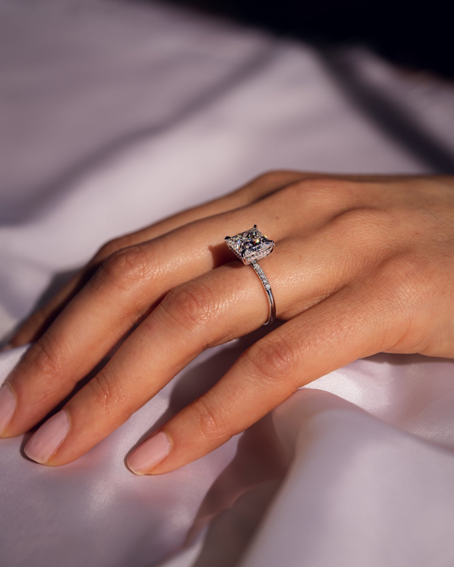 2.87 CT Princess Cut Lab Grown Diamond Engagement Ring With Hidden Halo Setting