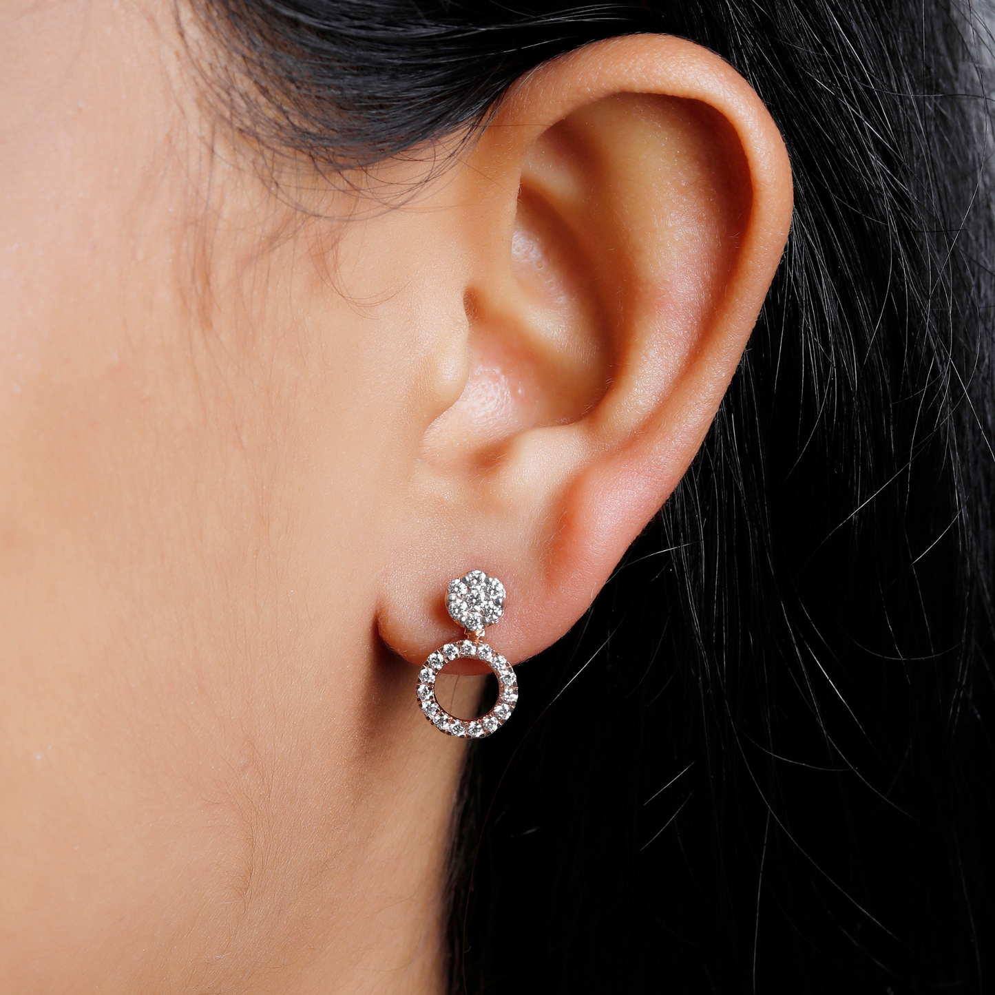 0.57 TCW Round Cut Moissanite 3 in one Halo, Stud & Dangler Earrings in Gold 8