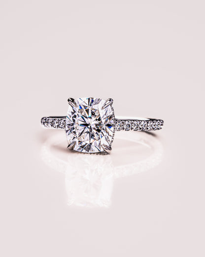 0.96 CT Cushion Lab Grown Diamond Engagement Ring With Hidden Halo & Pave Setting