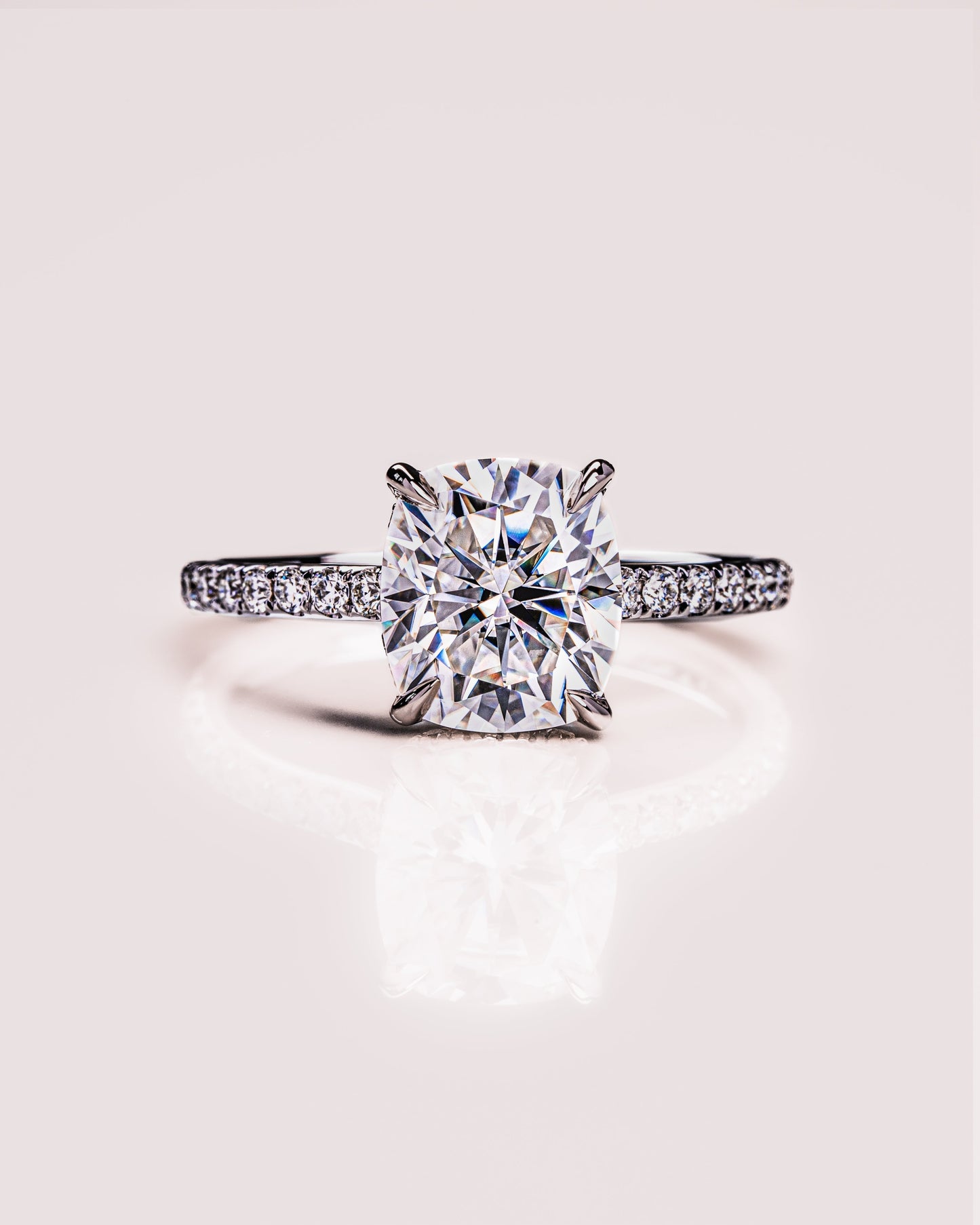 0.96 CT Cushion Lab Grown Diamond Engagement Ring With Hidden Halo & Pave Setting