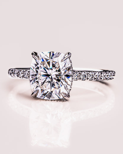 0.96 CT Cushion Lab Grown Diamond Engagement Ring With Hidden Halo & Pave Setting