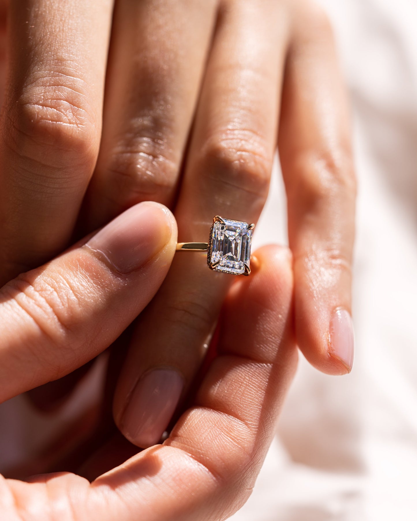 2.30 CT Emerald Cut Lab Grown Diamond Engagement Ring With Hidden Halo Setting