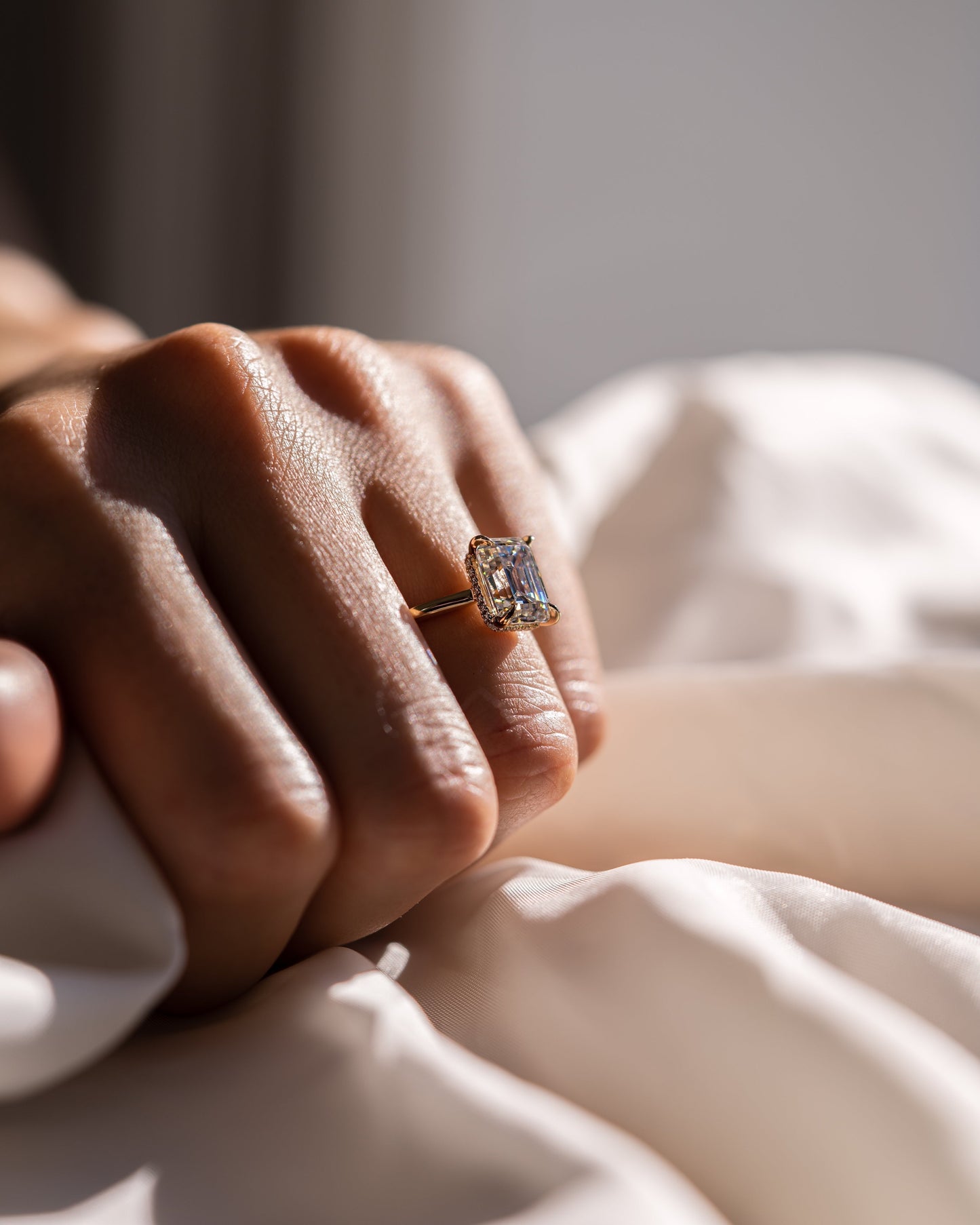 2.30 CT Emerald Cut Lab Grown Diamond Engagement Ring With Hidden Halo Setting