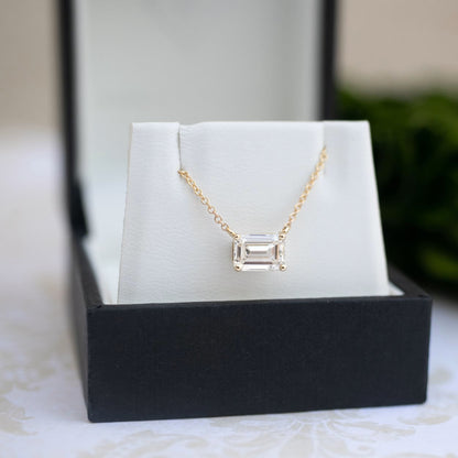 1.0 CT East West Emerald Cut Moissanite Diamond Solitaire Pendant Necklace in Solid Gold 1