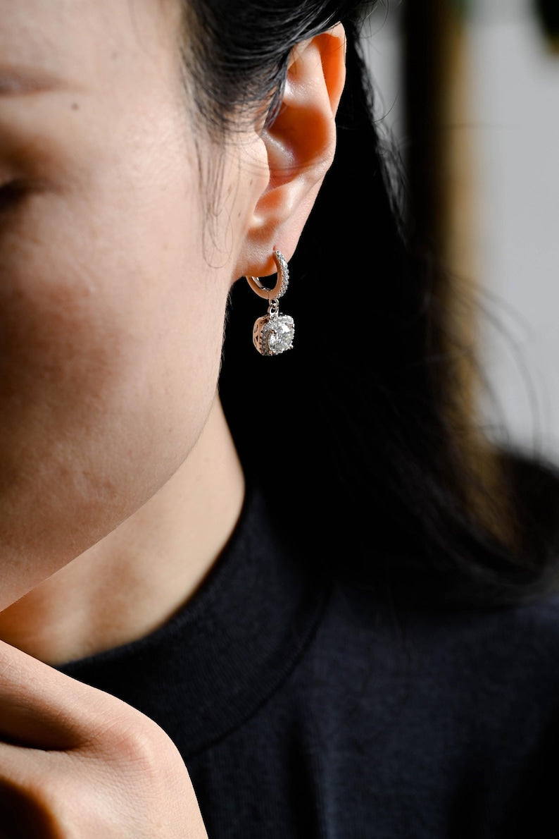 1.0 TCW Round Cut Moissanite Halo Drop Earrings in Gold 6