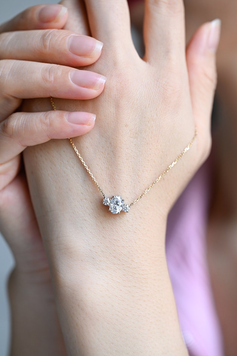 1.0 TCW Oval Moissanite Diamond Three Stone Pendant Necklace in Solid Gold 3