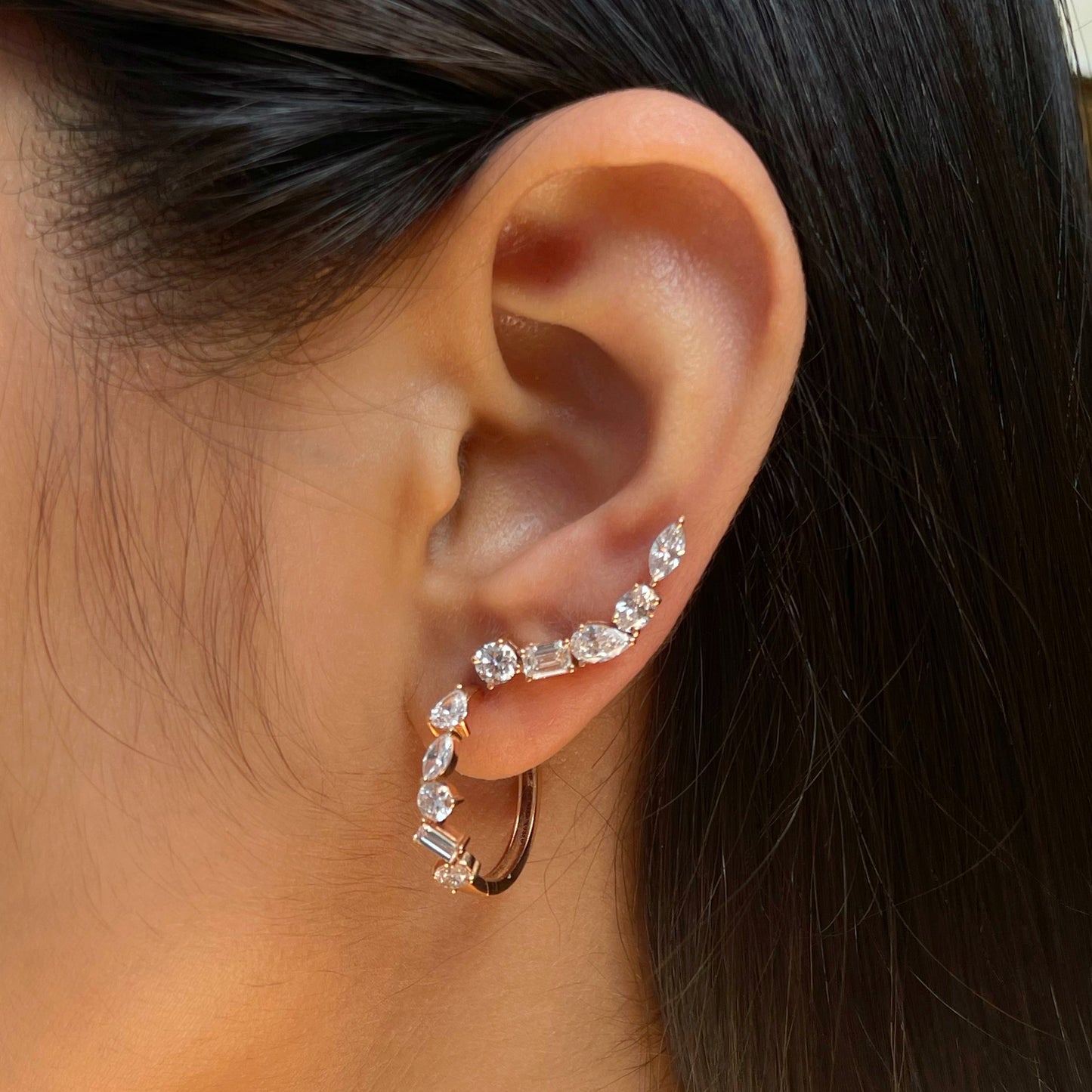 2.0 TCW Round, Marquise, Oval, Pear & Baguette Cut Moissanite Cuff Earrings in Gold 3