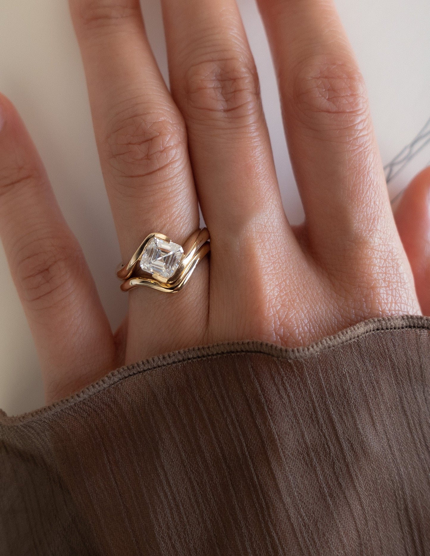 1.5 CT Asscher Lab Grown Curved Shank Engagement Ring With Plain Stacking Band