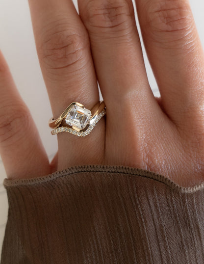 1.5 CT Asscher Lab Grown Curved Shank Engagement Ring With Minimal Pave Stacking Band