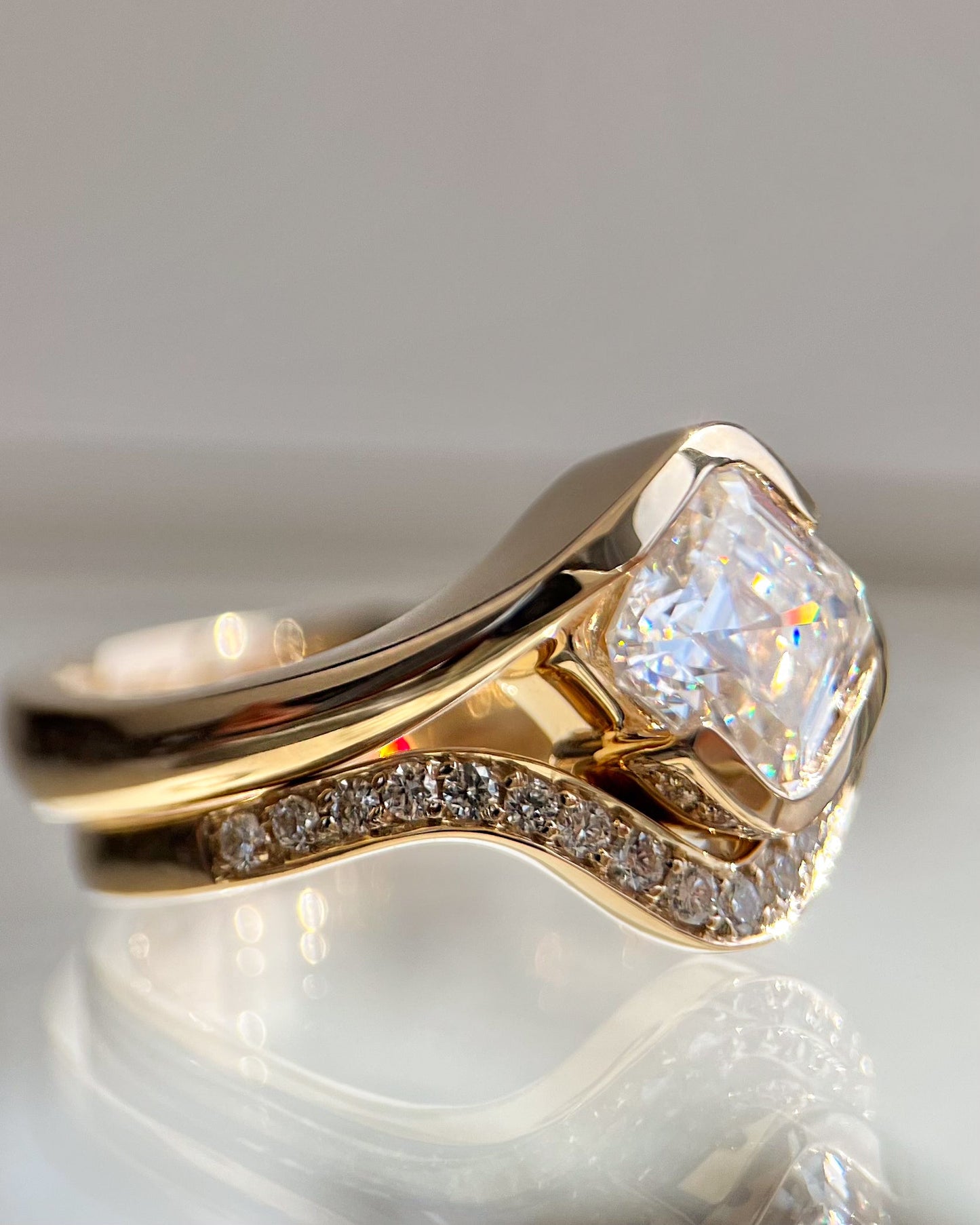 1.5 CT Asscher Lab Grown Curved Shank Engagement Ring With Regular Pave Stacking Band