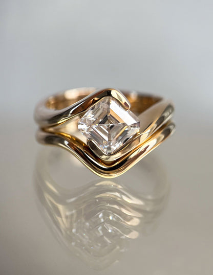 1.5 CT Asscher Lab Grown Curved Shank Engagement Ring With Plain Stacking Band