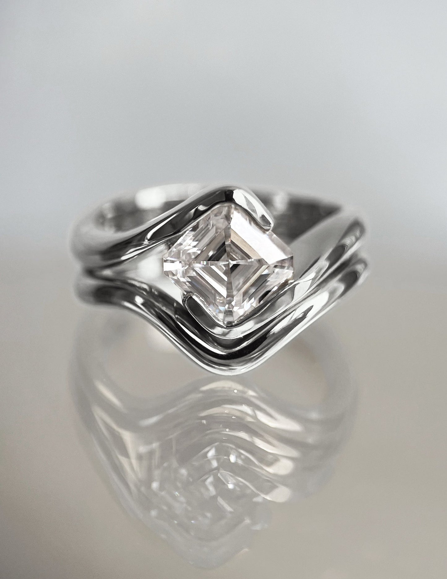 1.5 CT Asscher Lab Grown Curved Shank Engagement Ring With Plain Stacking Band