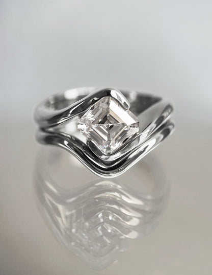 1.5 CT Asscher Lab Grown Curved Shank Engagement Ring With Plain Stacking Band