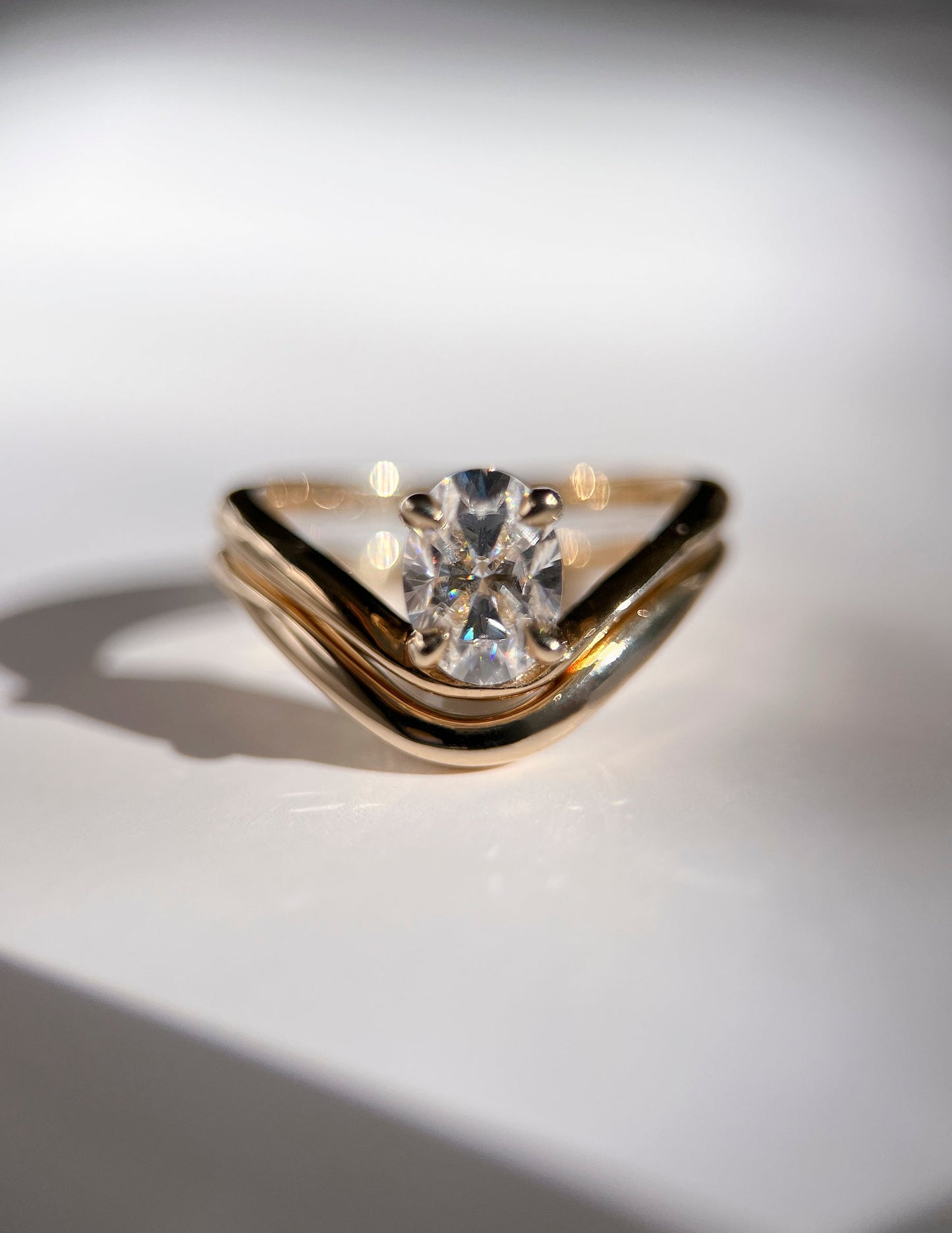 1 CT Oval Cut Solitaire Lab Grown Diamond Ring With Sunrise Styled Classic Wedding Band