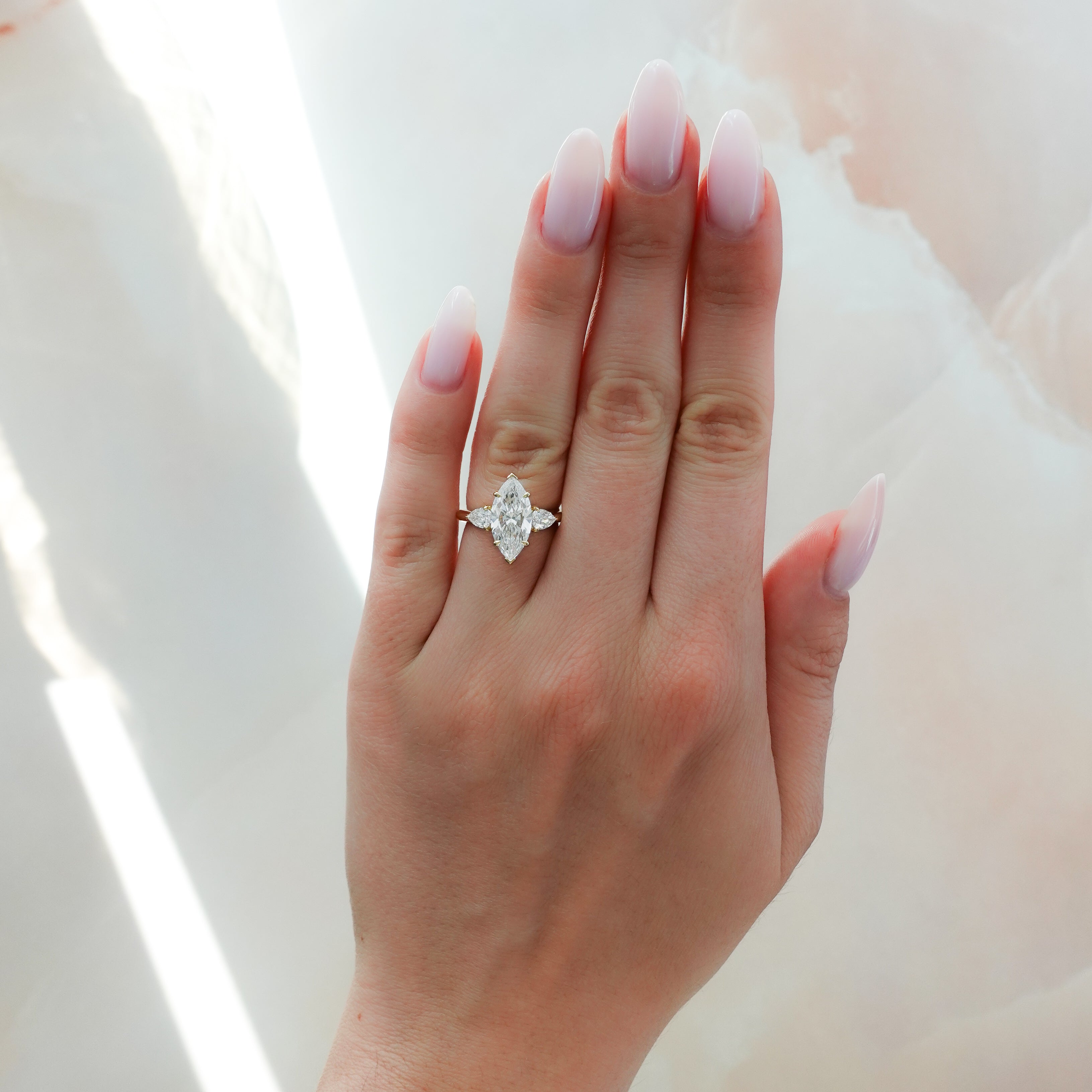 Marquise Shaped Three Stone Lab Grown Diamond Engagement Ring